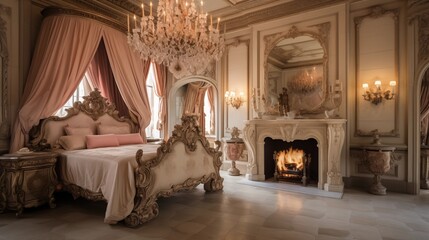 Opulent French ch??teau master bedroom suite with carved canopy bed crystal chandelier antique furnishings and marble fireplace. - obrazy, fototapety, plakaty