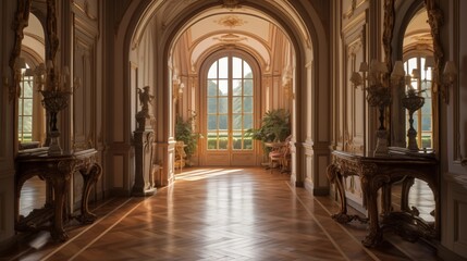 Opulent French chateau oval hallway with arched windows herringbone parquet floors mirror-paneled walls gilded plaster details and curving staircases. - obrazy, fototapety, plakaty