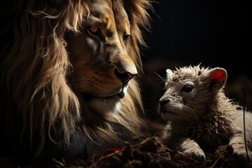 minimalistic design The Lion and the Lamb together. Image on black background created,