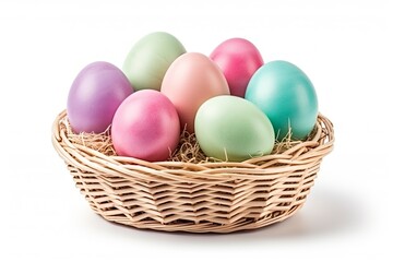 Obraz na płótnie Canvas Multi colors Easter eggs in the woven basket isolated on white background with clipping path. Pastel color Easter eggs - generative ai