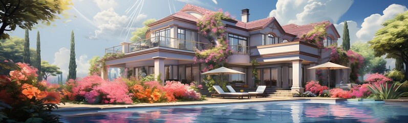 house building Exterior and interior design showing tropical pool villa - obrazy, fototapety, plakaty