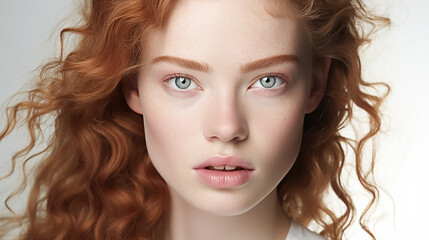 Beautiful young woman with clear skin and red hair on a white background. Skin care.