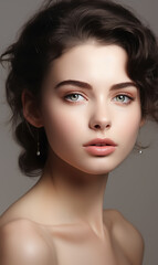 Beautiful young woman with clean skin on a white background. Skin care.