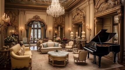 Opulent Gilded Age mansion music room with ornate crown moldings beamed ceiling herringbone floors...