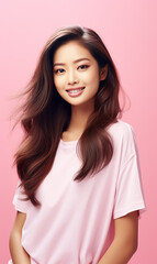 Beautiful young Asian woman with clear skin on pink background. Skin care.