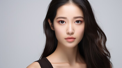 Beautiful young Asian woman with clear skin on white background. Skin care.