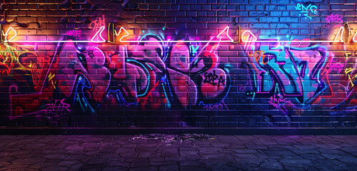 A grungy brick wall with neon lights illuminating graffiti art, creating a mesmerizing display of urban culture. [Copy space on blank labels word].