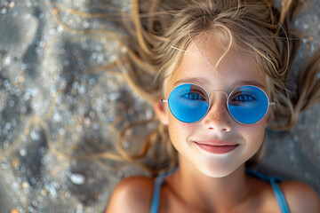 Portrait of a beautiful cheerful child girl 12 years old in sunglasses lies on the beach. Top view
