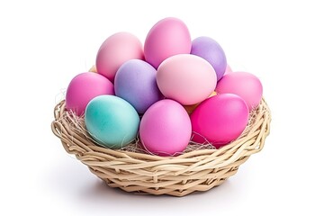 Fototapeta na wymiar Multi colors Easter eggs in the woven basket isolated on white background with clipping path. Pastel color Easter eggs - generative ai