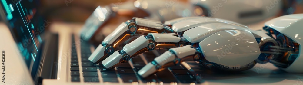 Poster ai concept. close-up of a robot hand typing on a laptop keyboard.