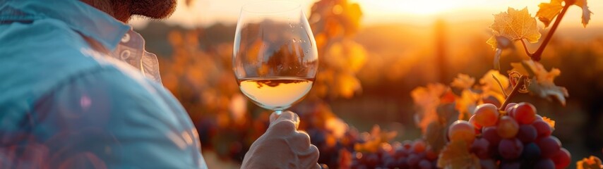 A man with a glass of wine in the background of a vineyard in the warm light of the setting sun....
