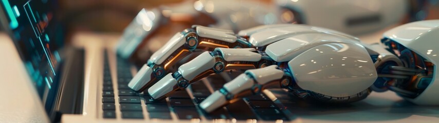 AI concept. Close-up of a robot hand typing on a laptop keyboard.