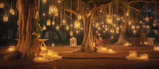 Night wedding ceremony with a lot of lights, candles, lanterns