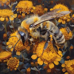 In the heart of the bloom, a longhorned bee explores, immortelle flowers surrounding it, a moment of synergy