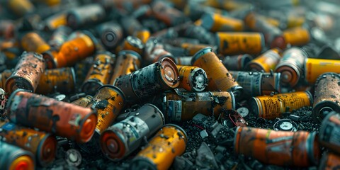 Discarded batteries in trash highlight need for recycling to prevent environmental harm. Concept Waste Management, Recycling Batteries, Environmental Protection, Sustainable Practices