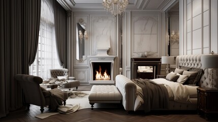 Opulent master bedroom suite with tufted headboard wall satin draperies and fireplace sitting area. - obrazy, fototapety, plakaty