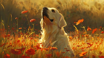 Youthful canine charm, seated amongst vibrant grass, glancing upwards, encapsulating a moment of serene connection - obrazy, fototapety, plakaty