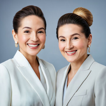 The two women in the image are wearing white blazers and are posing for a picture together.The background is a light gray color, generative AI