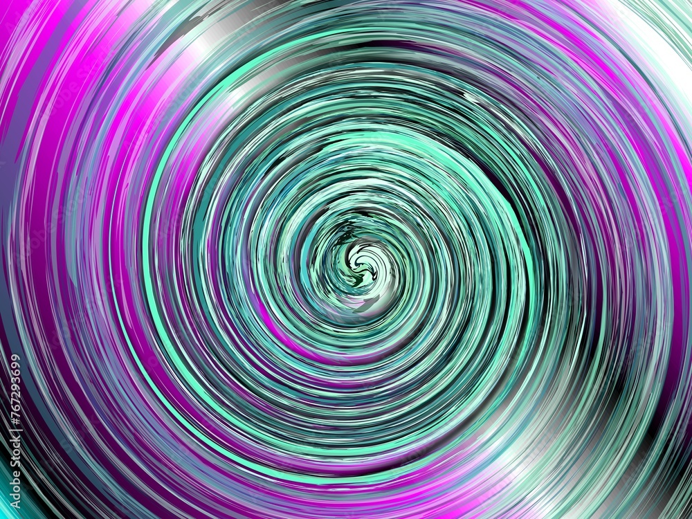Poster abstract background with pink and green colors, vortex and rays - computer graphic with effect of de