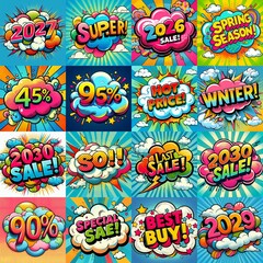 Fototapeta premium Sale stickers pop art style. AI generated illustration