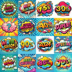 Fototapeta premium Sale stickers pop art style. AI generated illustration