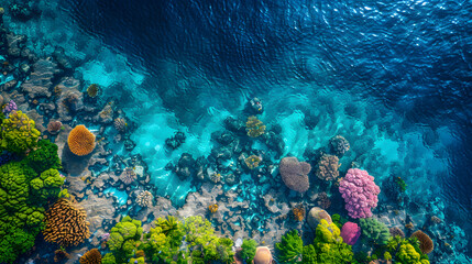 Naklejka na ściany i meble Aerial perspective of a coral reef underwater, vivid, tropical color, theme wallpaper, masterpiece, marine, photorealistic