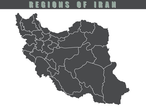 Grey flat provinces map of Asian country of Iran. Each city and border has separately for your infographics and earth template for the website. Vector illustration.