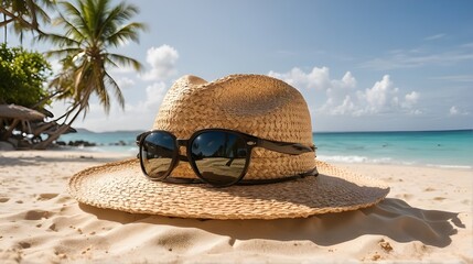 Straw hat and pair of sunglass on sand beach at day light with copy space. Summer holiday, vacation, travel concept. Minimal style for banner
