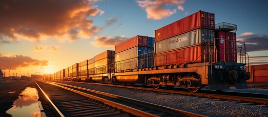 Train wagons carrying cargo containers for shipping companies - obrazy, fototapety, plakaty