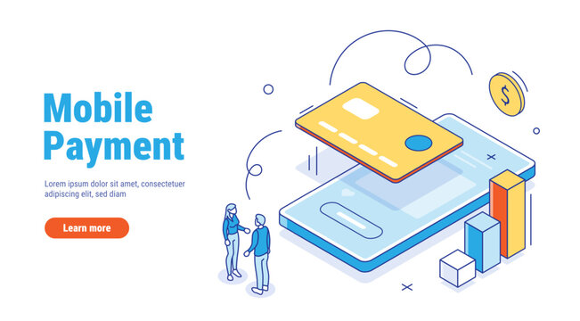 Mobile payment isometric outline business concept. Banking or financial transactions. People near a smartphone with a bank card. Concept of payment for goods or services