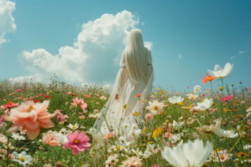 Woman with long blonde hair walking in a meadow with flowers