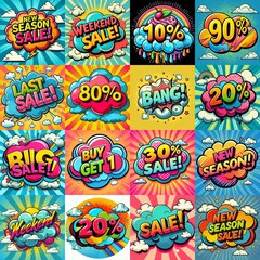Fototapeta premium Sale stickers pop art style. AI generated illustration