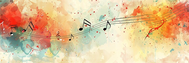 a music-themed background with musical notes and watercolor splashes - obrazy, fototapety, plakaty