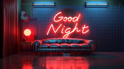 3d render of a room with sofa neon sign good night 