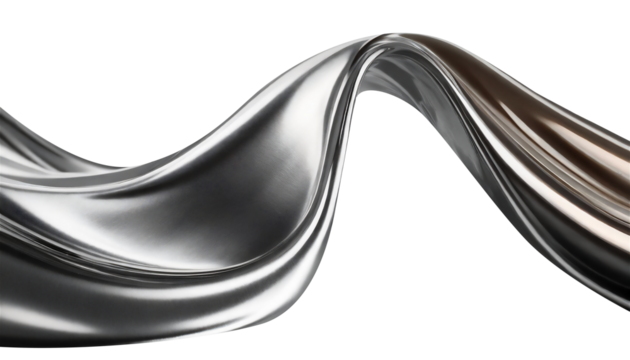 Abstract fluid metal bent form. Metallic shiny curved wave in motion. Cut out design element steel texture effect.