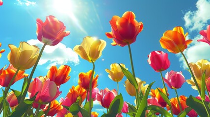 A vibrant field filled with colorful tulips stretching under a clear blue sky on a sunny day