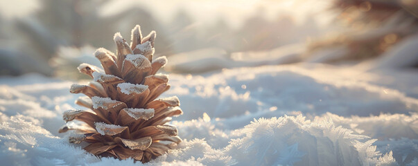 A frosted pine cone amidst a snowy landscape, the cone's texture detailed and highlighted against a softly blurred background, the pine cone and surrounding snow