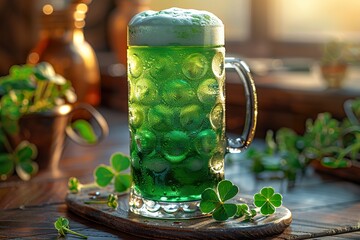 St Patrick's Day green beer with shamrock - obrazy, fototapety, plakaty