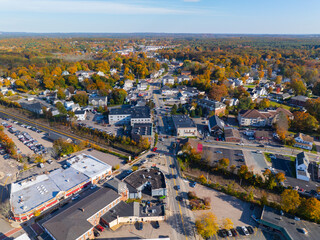 Franklin historic commercial center aerial view in fall on Main Street at Central Street, with...