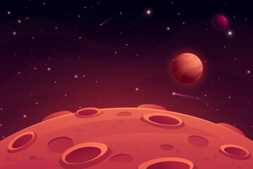 Mars surface landscape. Vector illustration of night alien planet with craters, saturn planet, sky galaxy, comet and stars. Red desert in cosmos.Martian extraterrestrial background for game, ui design