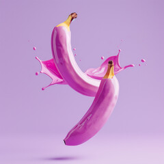 Bananas in bold pink paint flying on a light violet background. Minimal concept.