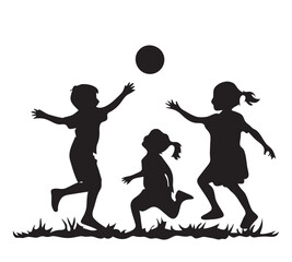 Silhouette of a group of children playing soccer on white background