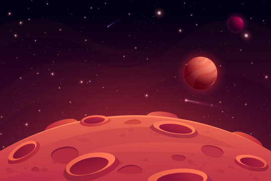 Mars surface landscape. Vector illustration of night alien planet with craters, saturn planet, sky galaxy, comet and stars. Red desert in cosmos.Martian extraterrestrial background for game, ui design