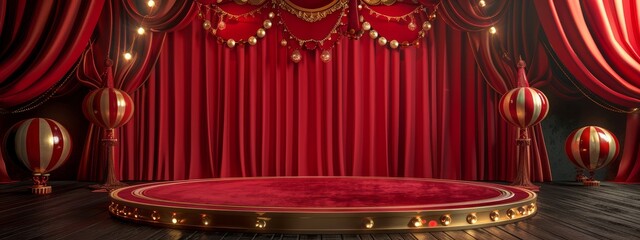 Circus stage podium background 3D carnival light red show curtain. Circus platform stage podium...