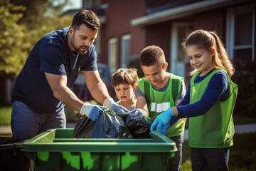 A family sorts recyclables in their yard. Parents educate kids about recycling, setting a positive eco-friendly example.