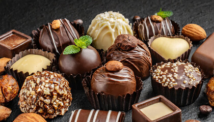 Chocolate candies with various fillings. Sweet food. Tasty treat.