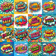 Fototapeta premium Sale stickers pop art style. AI generated illustration