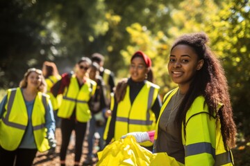 Enthusiastic youth and dedicated volunteers, wearing vibrant vests, actively engaged in a community cleanup initiative, clearing litter and plastic waste from a park.