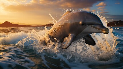 Dolphin jumping out of the water at sunset.