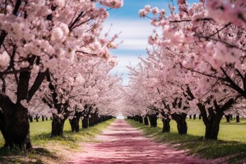A flowering apple orchard, with white and pink blossoms adorning the trees as far as the eye can see, evoking the grandeur and fecundity of springtime orchards.